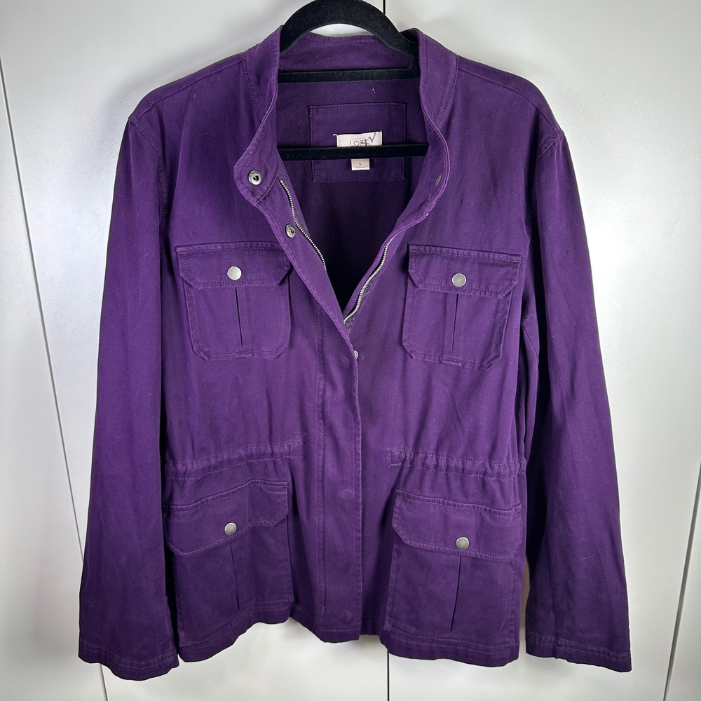 LOFT Womens L Purple Utility Jacket Button Zip Drawstring Waist Pockets Jewel‎